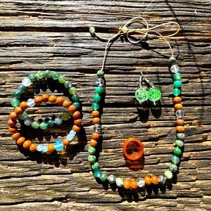 Moss Agate, Opalite, and Wood Jewelry Set
